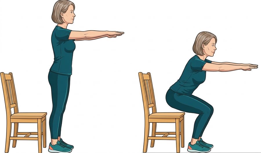Abbildung: Stuhl-Kniebeuge, Start- und Endposition
