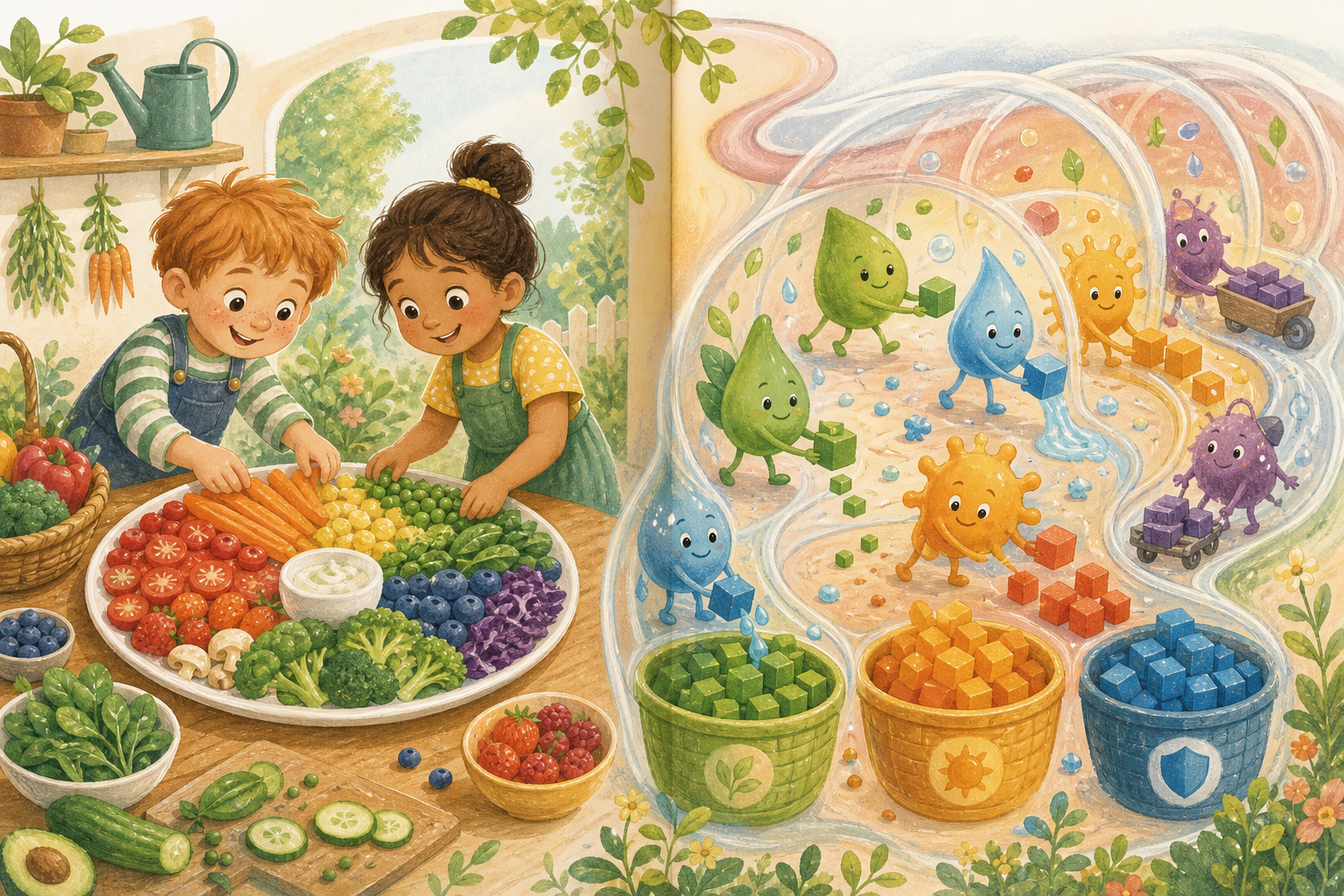 Illustration: Kinder am Tisch mit buntem Teller und freundlicher Verdauungs-Rutsche