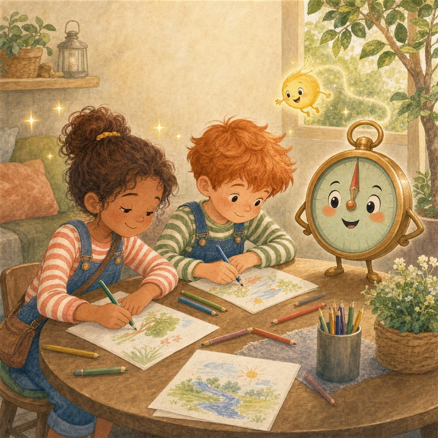 Mira und Noah malen ruhig und klar nach dem Toben