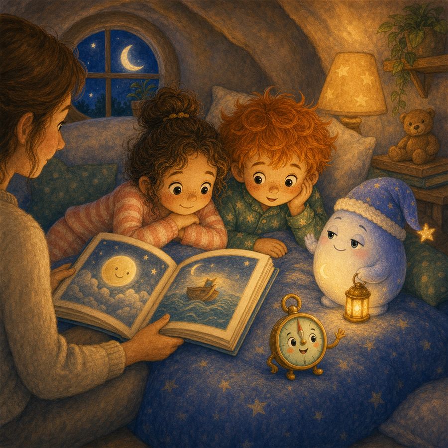 Noah liegt mit Nino, dem Nachtfreund, in seinem gemütlichen Zimmer