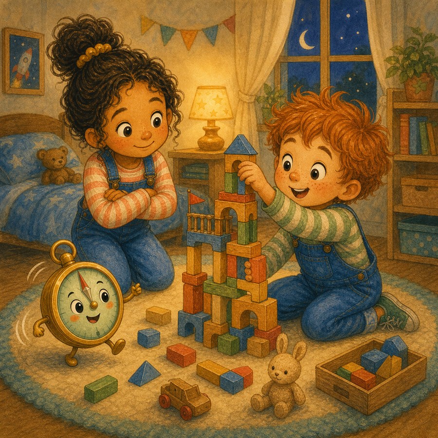 Noah sitzt vor einem halbfertigen Turm. Im Hintergrund wird das Kinderzimmer abendlich warm.