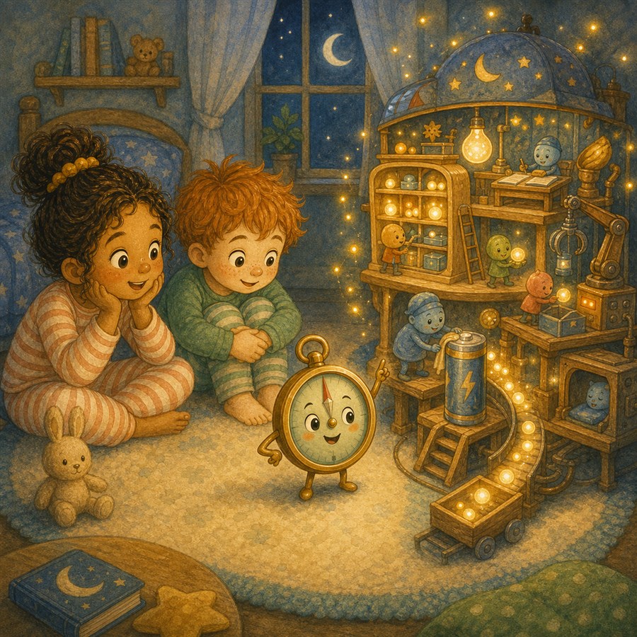 Fantasievolle Nacht-Werkstatt mit warmen Lichtpunkten, Regalen und weichen Schatten.
