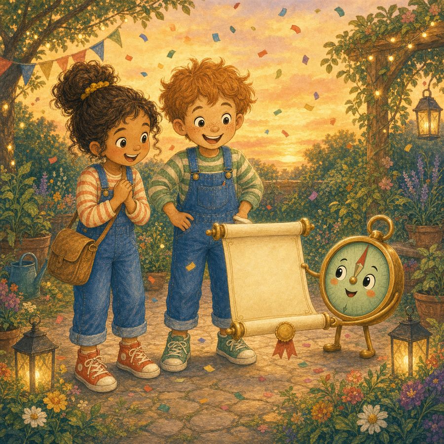 Calli überreicht Mira und Noah feierlich die Urkunde im Abendgarten
